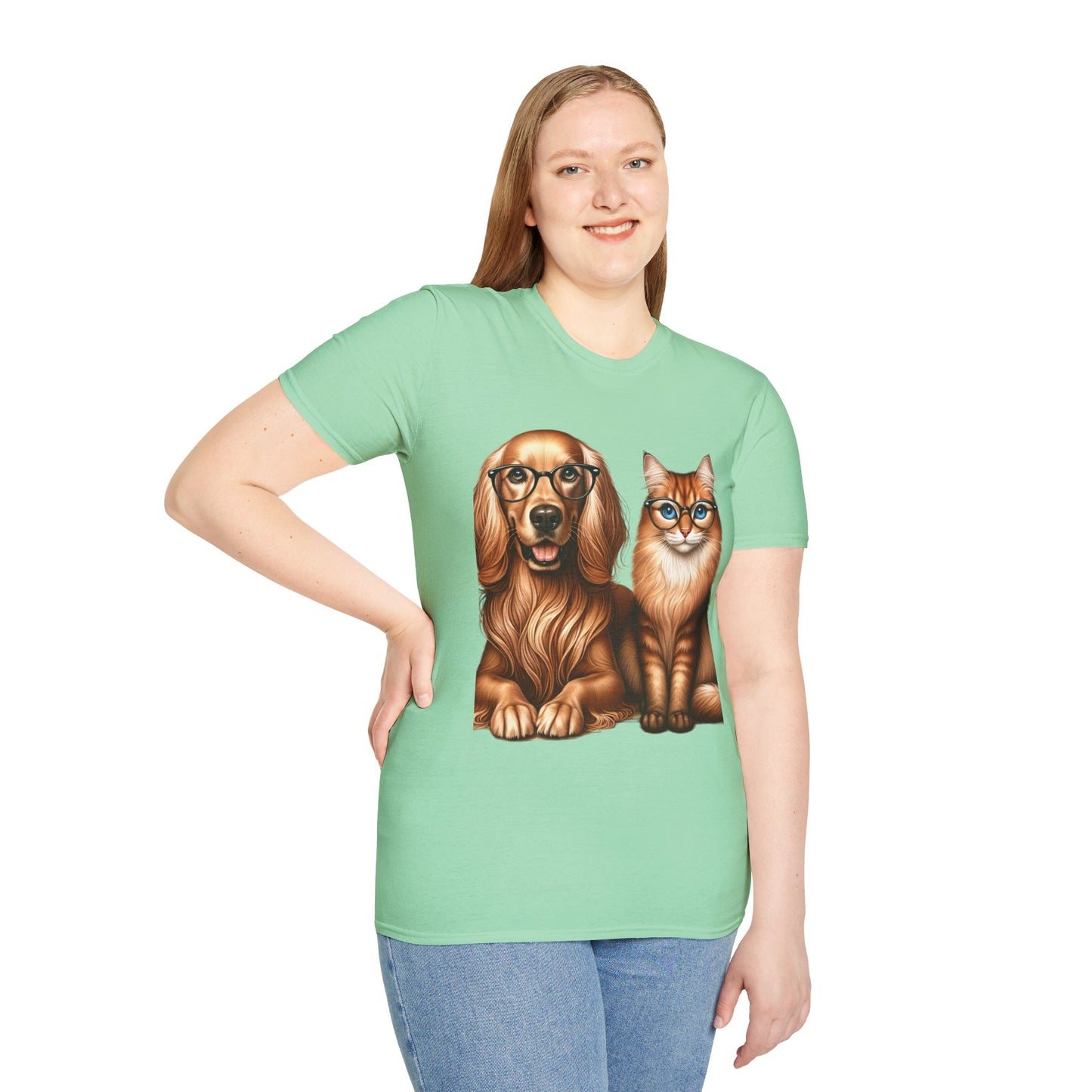 Unisex Softstyle T-Shirt, Dog Cat Duo, Men, Women, Plus sizes avaiable, Gif for Pet lovers