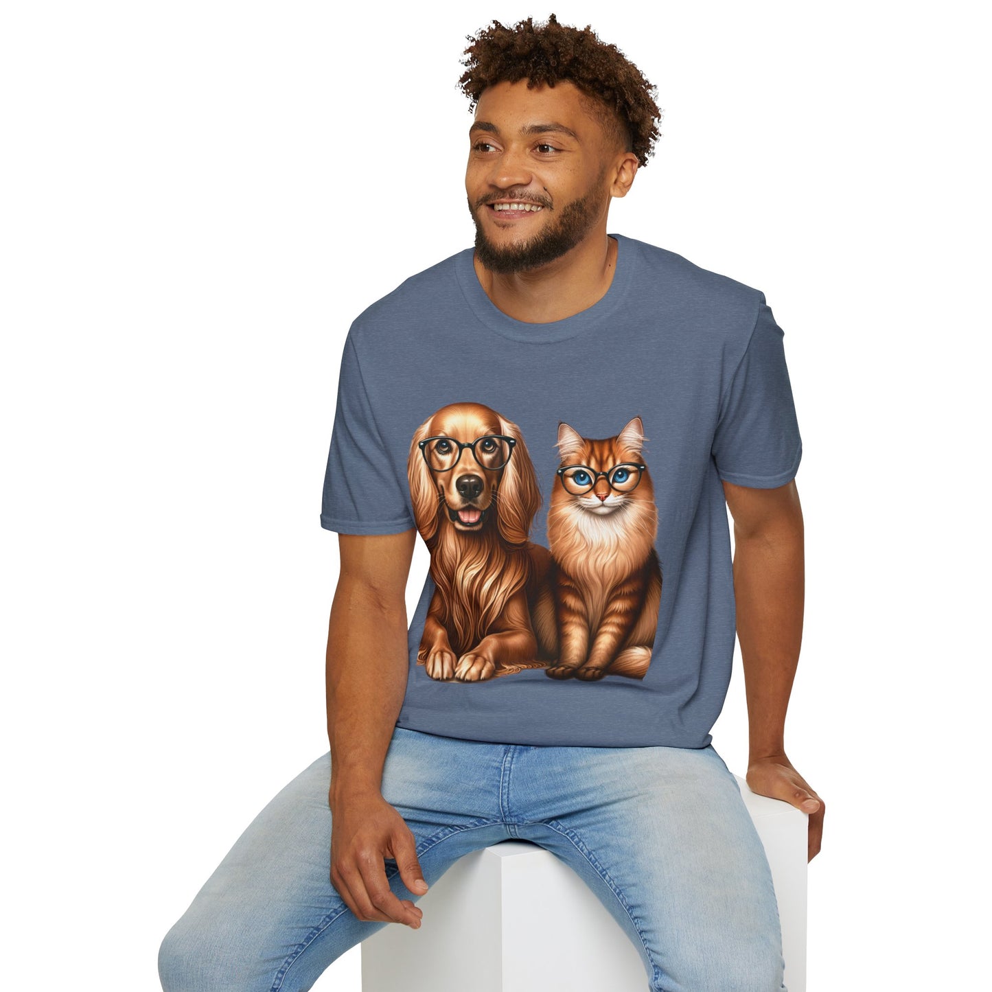 Unisex Softstyle T-Shirt, Dog Cat Duo, Men, Women, Plus sizes avaiable, Gif for Pet lovers Heather Indigo