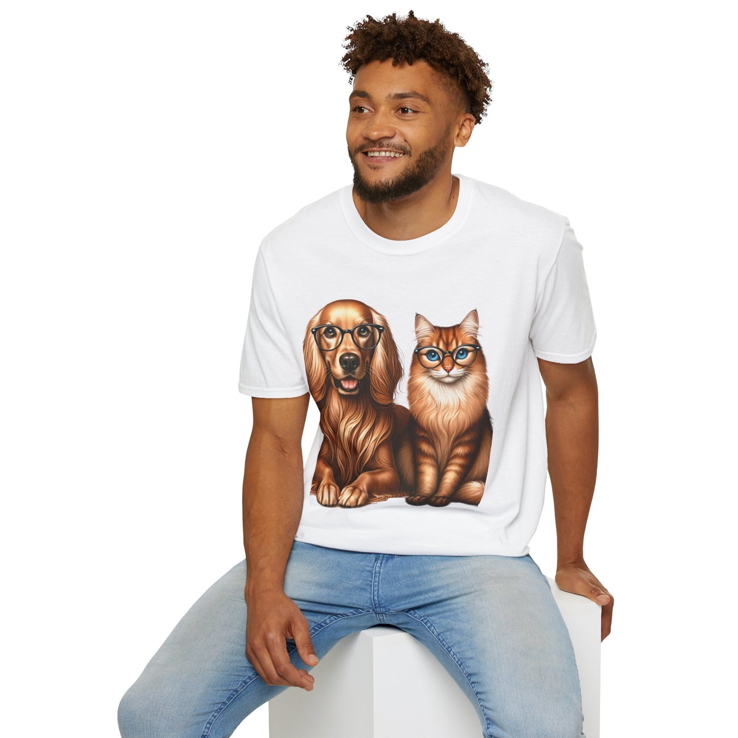 Unisex Softstyle T-Shirt, Dog Cat Duo, Men, Women, Plus sizes avaiable, Gif for Pet lovers White