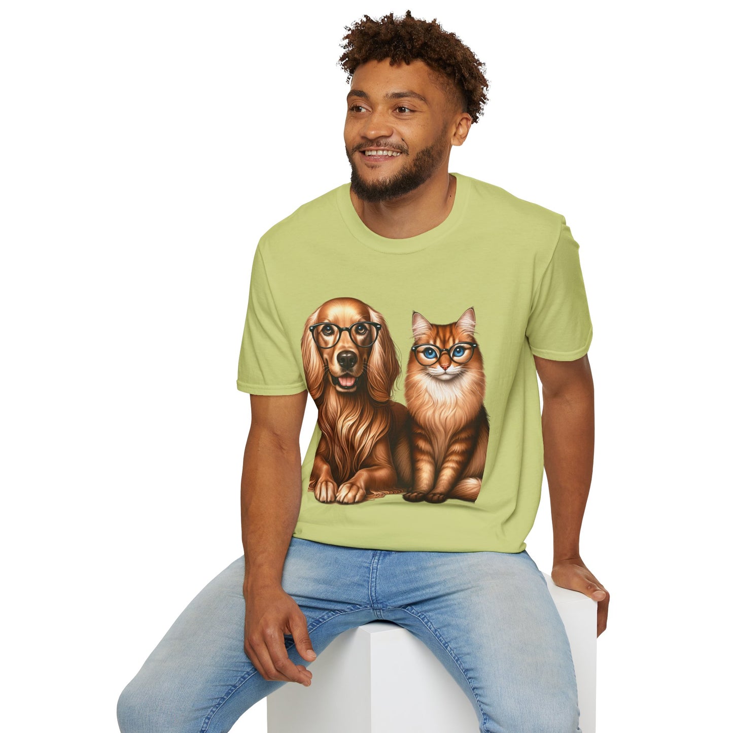 Unisex Softstyle T-Shirt, Dog Cat Duo, Men, Women, Plus sizes avaiable, Gif for Pet lovers Pistachio