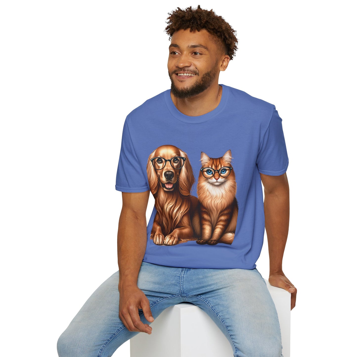 Unisex Softstyle T-Shirt, Dog Cat Duo, Men, Women, Plus sizes avaiable, Gif for Pet lovers Iris