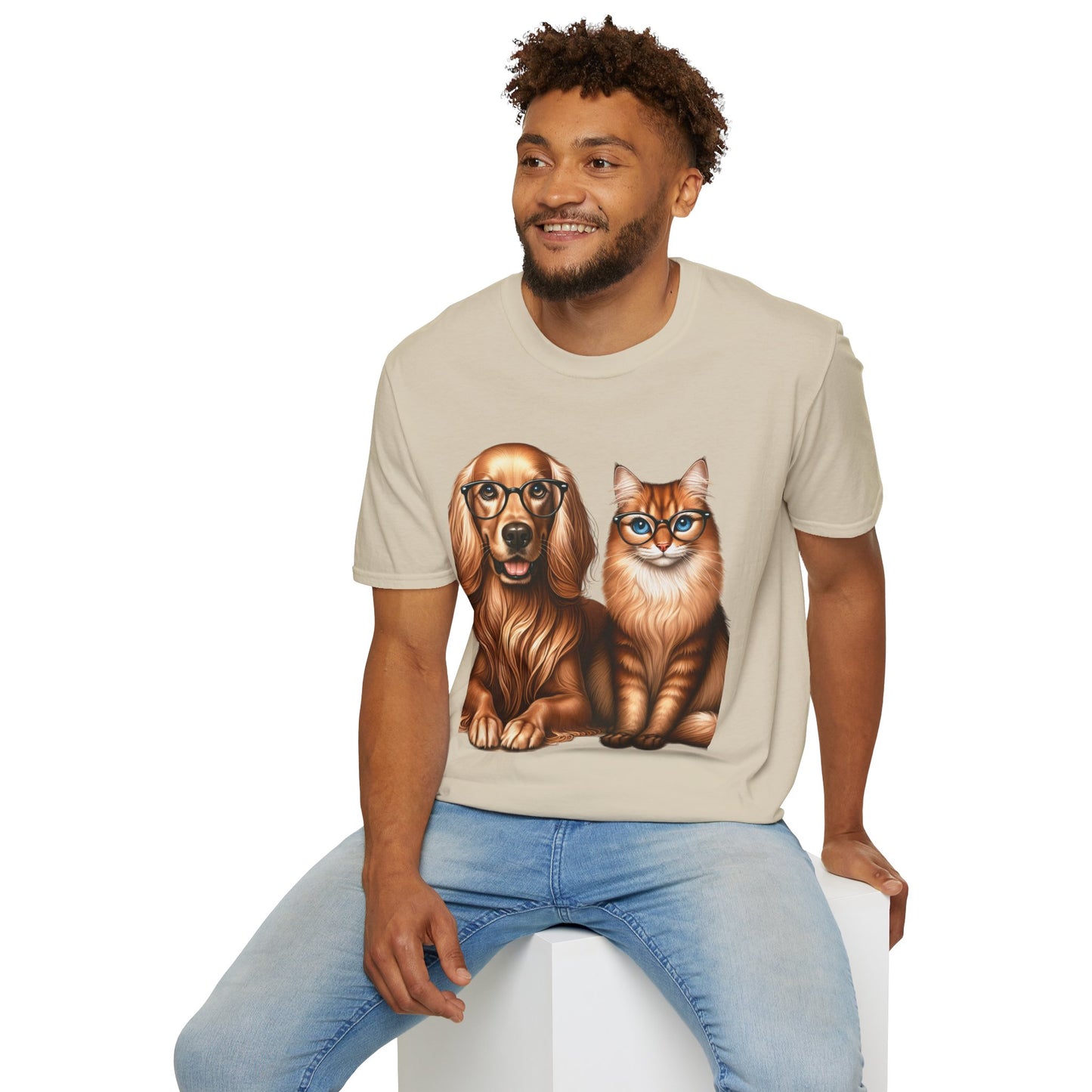 Unisex Softstyle T-Shirt, Dog Cat Duo, Men, Women, Plus sizes avaiable, Gif for Pet lovers Sand