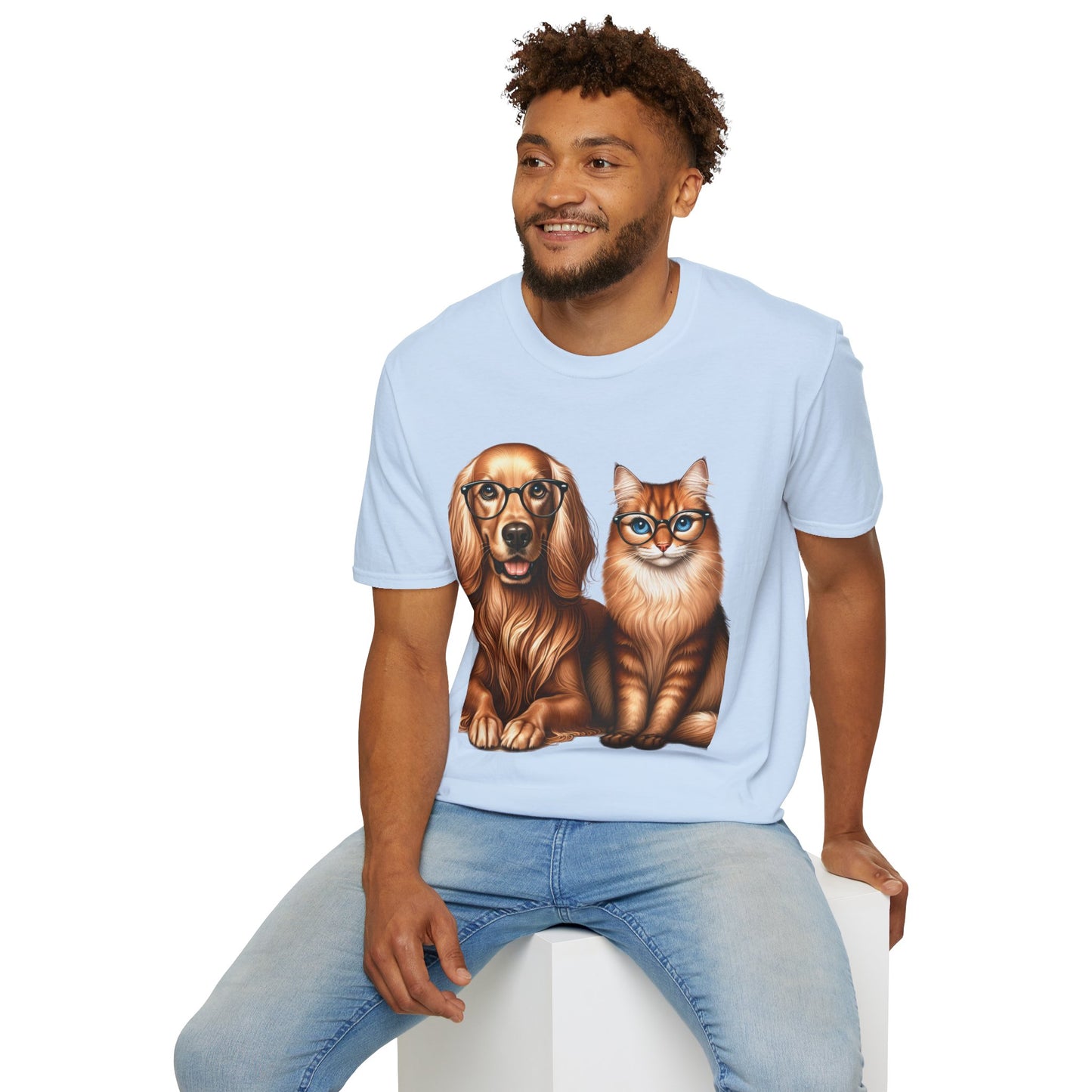 Unisex Softstyle T-Shirt, Dog Cat Duo, Men, Women, Plus sizes avaiable, Gif for Pet lovers Light Blue