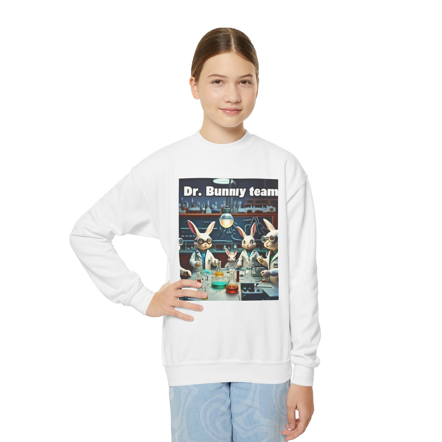 Dr Bunny Team, Youth Crewneck Sweatshirt, Dr. Mockup, funny, Best gift for Medical students, 10-18 years, Boys, Girls, Fun lovers, Bunny lovers White