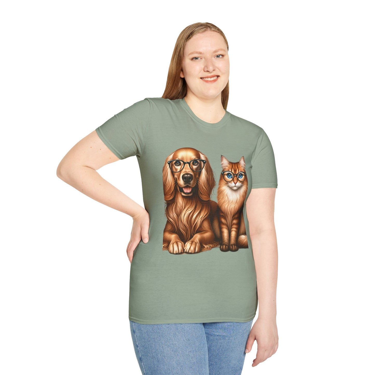 Unisex Softstyle T-Shirt, Dog Cat Duo, Men, Women, Plus sizes avaiable, Gif for Pet lovers