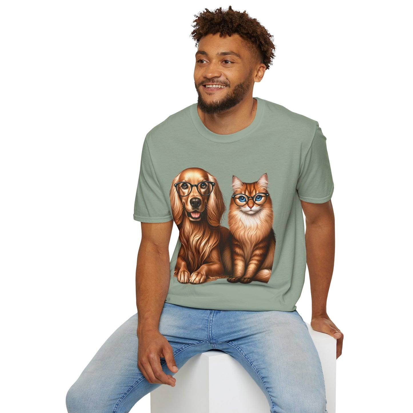 Unisex Softstyle T-Shirt, Dog Cat Duo, Men, Women, Plus sizes avaiable, Gif for Pet lovers Sage