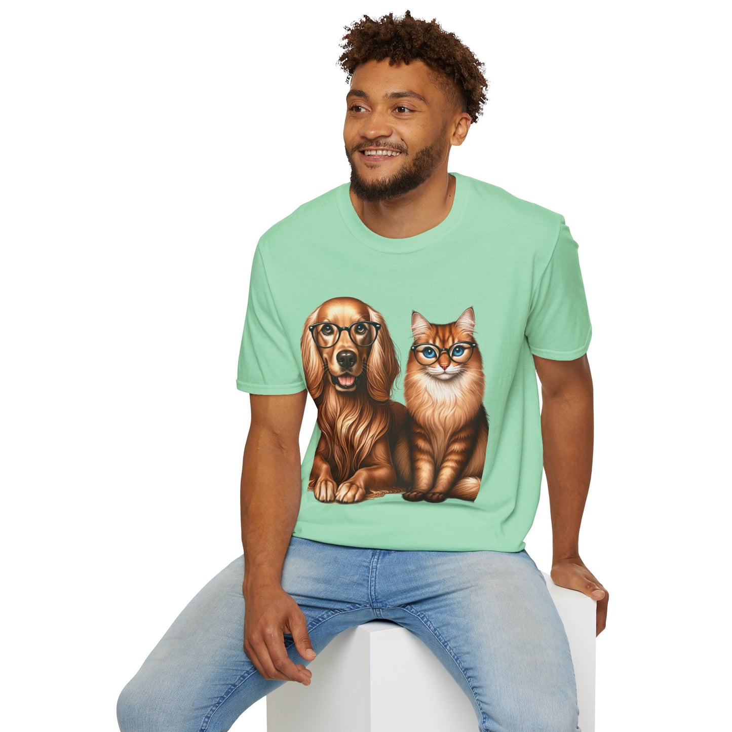 Unisex Softstyle T-Shirt, Dog Cat Duo, Men, Women, Plus sizes avaiable, Gif for Pet lovers Mint Green