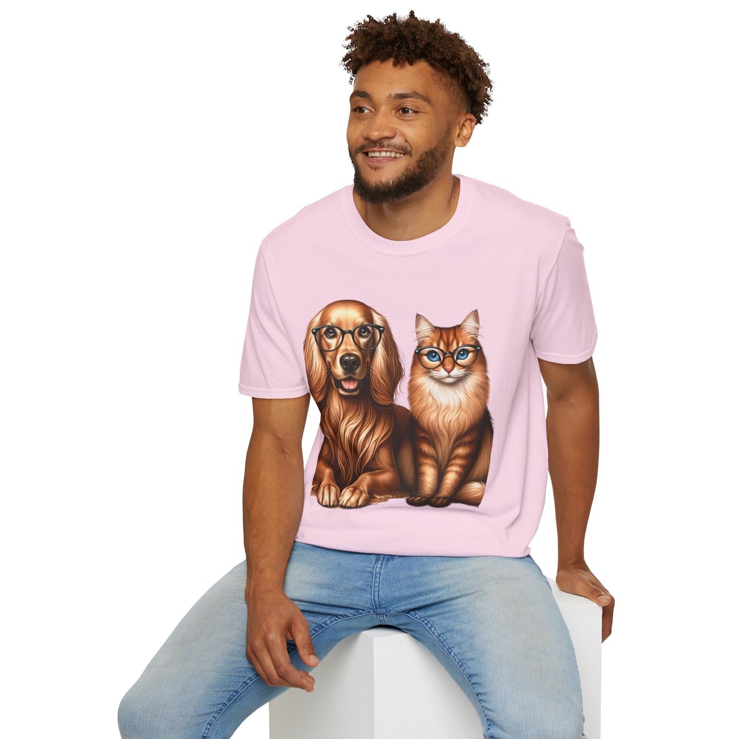 Unisex Softstyle T-Shirt, Dog Cat Duo, Men, Women, Plus sizes avaiable, Gif for Pet lovers Light Pink